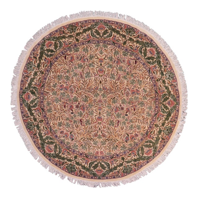 Shabby Chic 1990's Floral Heritage Beige/Green Wool Round Rug- 8'1''x8'2'' For Sale