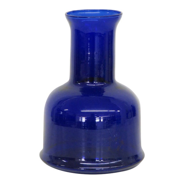 Mid Century Cobalt Blue Glass Wide Bottle Vase For Sale