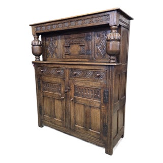 19th Century English Oak Carved Panel Jacobean 3 Door & 2 Drawer Court Cupboard With Bulbous Supports For Sale