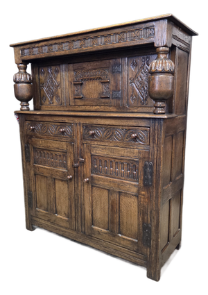 19th Century English Oak Carved Panel Jacobean 3 Door & 2 Drawer Court Cupboard With Bulbous Supports