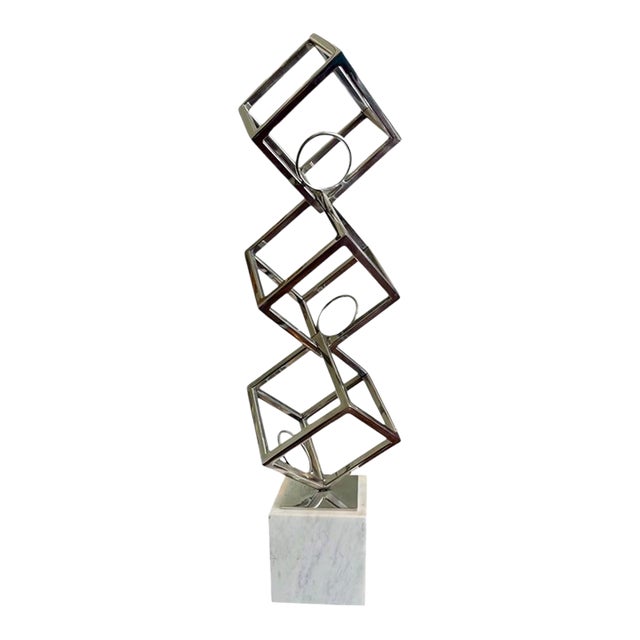 Modern Chrome Wine Rack-Marble Base-Sculptural-Geometric-3 Bottle Holder-Bar For Sale