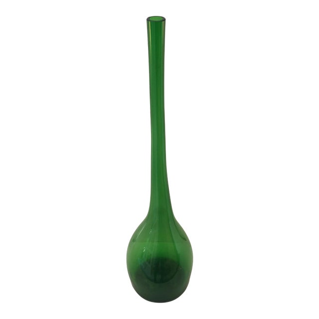 Antique Early 20th Century Translucent Green Long - Neck Hand - Blown Bottle For Sale