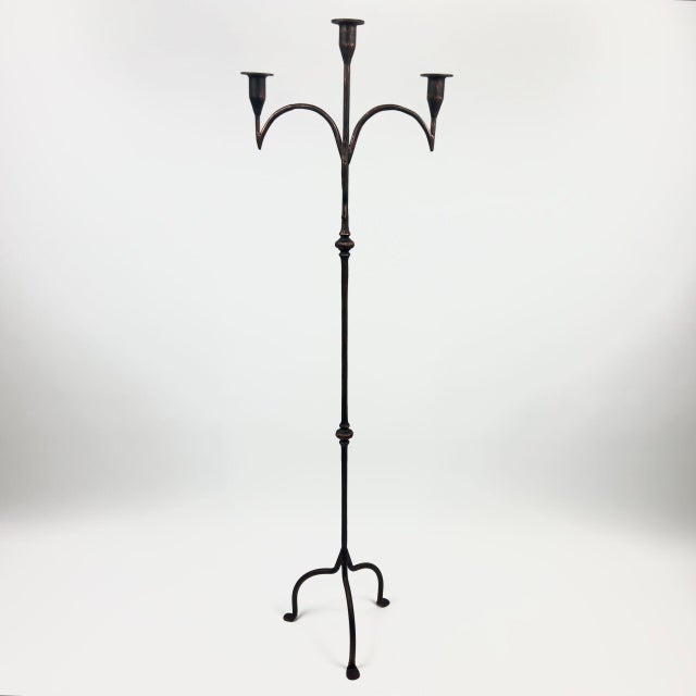 Hand Forged Iron Floor Candelabra 50.5″ (128cm) Antique Copper Patina 3-Arm Tall & Slim Candle Holder Rustic Decor For Sale - Image 6 of 7