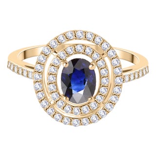 14k Gold Blue Sapphire Halo Diamond Ring Size 6 For Sale