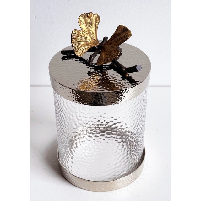 Vintage Michael Aram Silver & Gold Ginkgo Leaf Glass Lidded Jar For Sale In Providence - Image 6 of 11