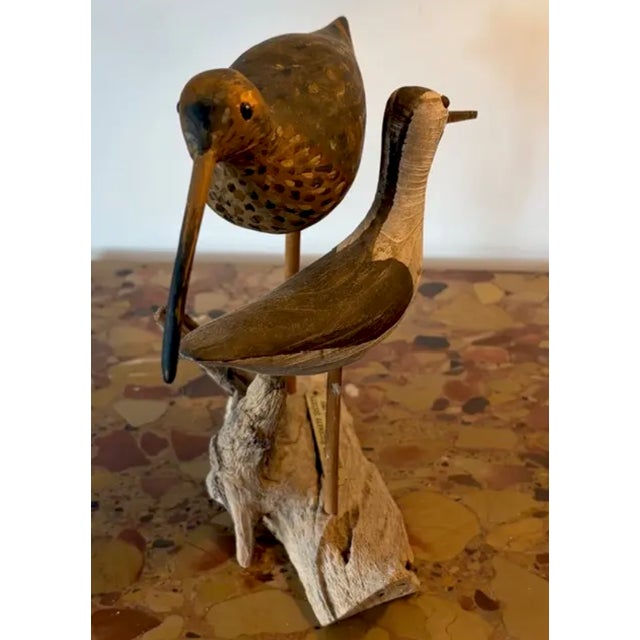 American Vintage Hand Carved and Painted Wooden Shorebirds, Folk Art, Signed Wek For Sale - Image 3 of 7
