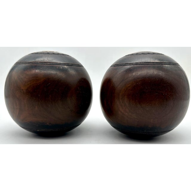 Victorian Pair of 19th Century Scottish Monogramed Hardwood Lawn Balls For Sale - Image 3 of 5