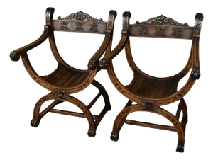 Medieval Style Walnut Dagobert Armchairs, Late 19th Century, Set of 2