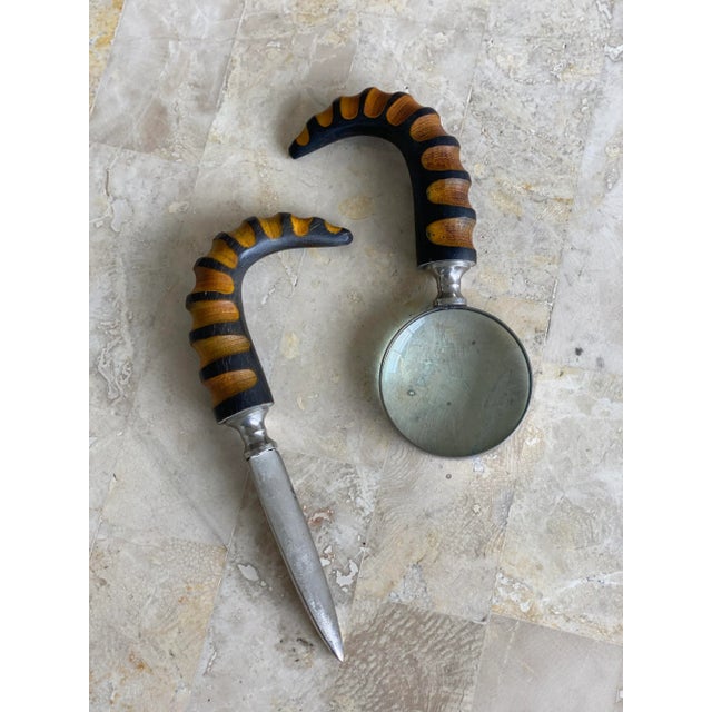 Vintage Carved Horn and Chrome Letter Opener + Magnifying Glass Desk Set, Circa 1950s For Sale - Image 4 of 9