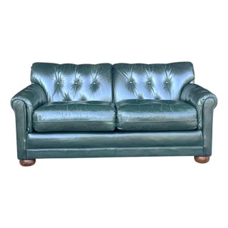 Vintage Dark Green Tufted Leather English Club Loveseat For Sale