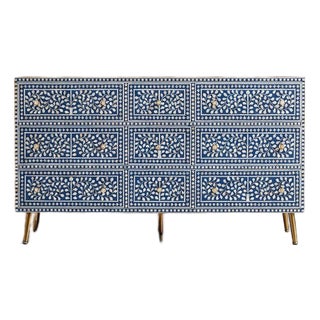 Arabesque Bone Inlay Six-Drawer Dresser - Blue by House of Jaipur For Sale