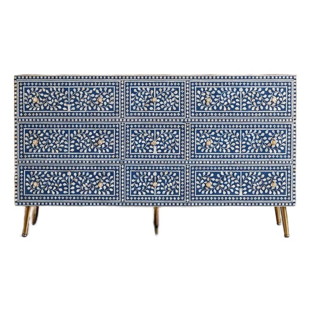 Arabesque Bone Inlay Six-Drawer Dresser - Blue by House of Jaipur For Sale