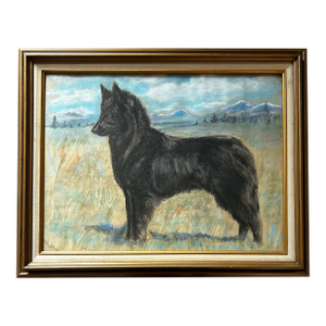 Vintage Large Framed Pastel Portrait of Black German Shepherd