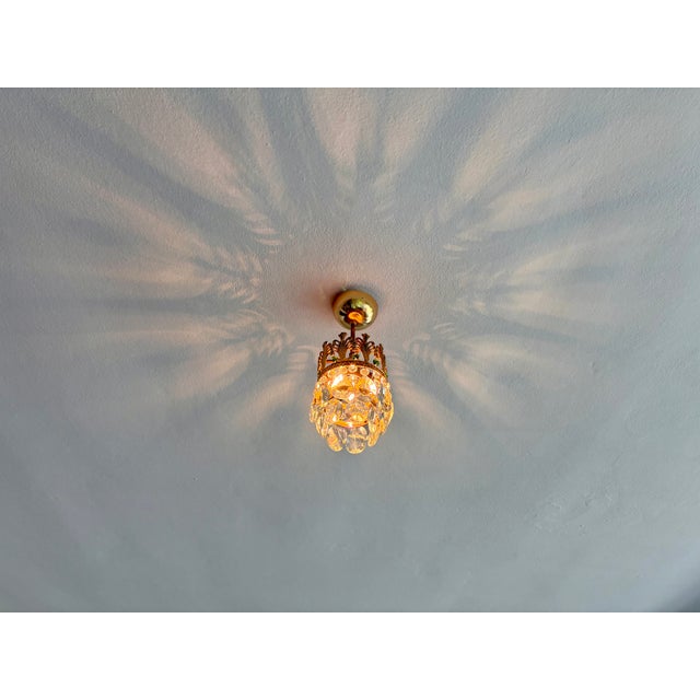 Vintage Small Brass & Emerald Green Crystal Crown Flush Mount – 1 Light For Sale - Image 12 of 18