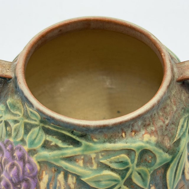 Brown Roseville Wisteria Blue Matte Art Pottery Two-Handled Vase, 1930s For Sale - Image 8 of 14