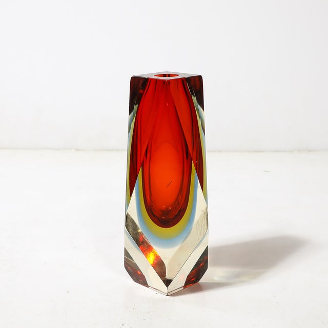 Mid-Century Hand-Blown Faceted Murano Glass Sommerso Ruby & Transparent Vase For Sale - Image 4 of 10