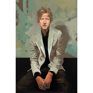 Portrait of Britt Daniel by Michael Carson | Oil on Panel Portrait of a man in a light jacket sitting. For Sale