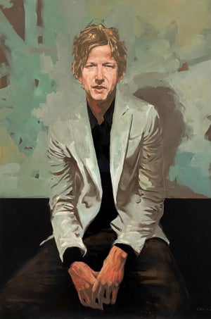 Portrait of Britt Daniel by Michael Carson | Oil on Panel Portrait of a man in a light jacket sitting.