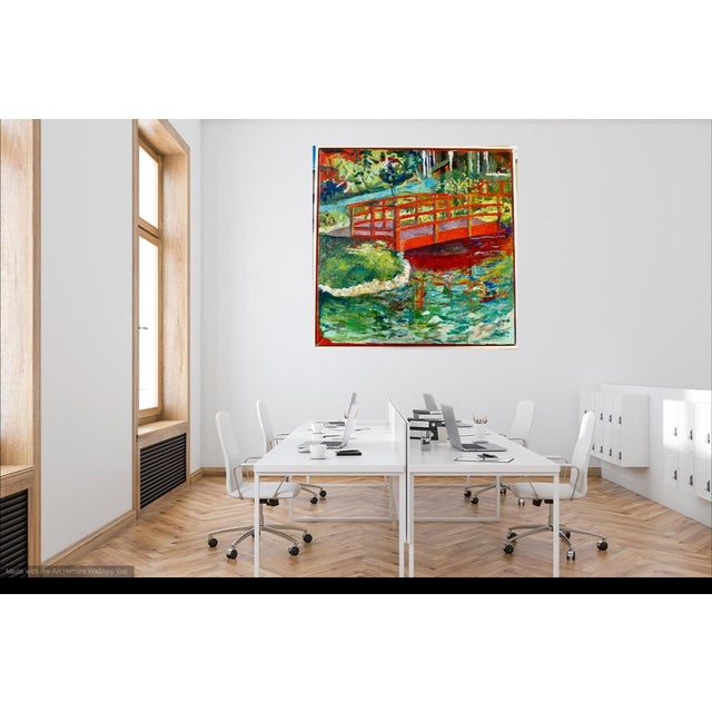 Monumental "Japanese Bridge on the Lily Pond" Framed Contemporary Impressionist Oil Painting For Sale In Los Angeles - Image 6 of 7