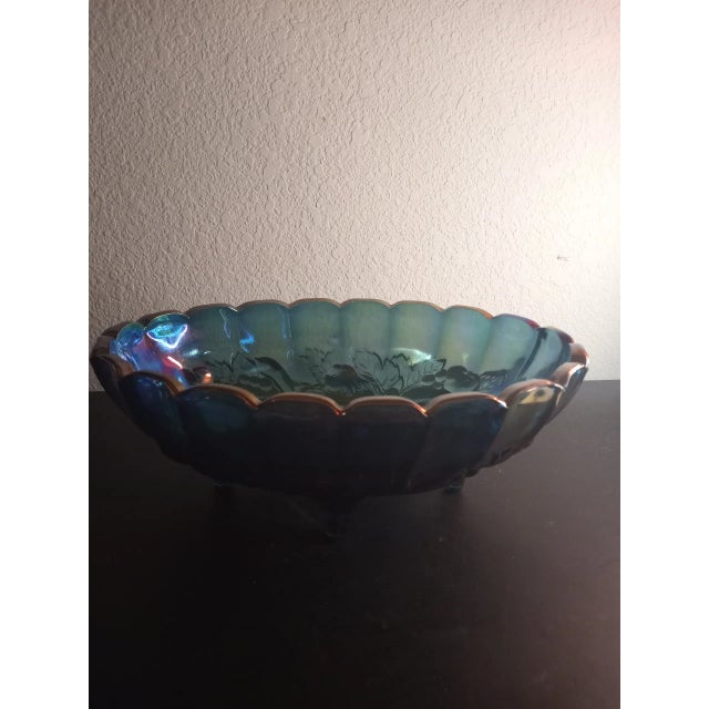 1940s Indiana Carnival Glass Iridiscent Harvest Pattern Footed Oval Bowl For Sale - Image 4 of 8