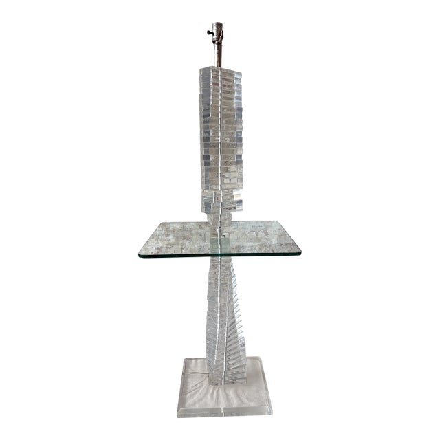 Vintage Lucite Acrylic Floor Lamp With Built-in Glass Side Table For Sale