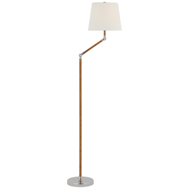 Transitional Chapman & Myers by Visual Comfort Signature Basden Bridge Arm Floor Lamp in Polished Nickel and Natural Rattan with Linen Shade For Sale - Image 3 of 3
