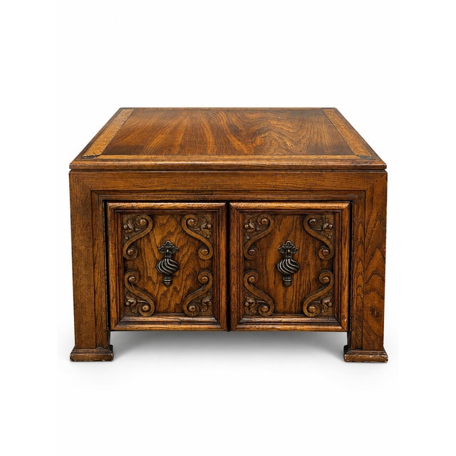 Brown Vintage Mediterranean Revival Carved Wood Cabinet End Table For Sale - Image 8 of 8