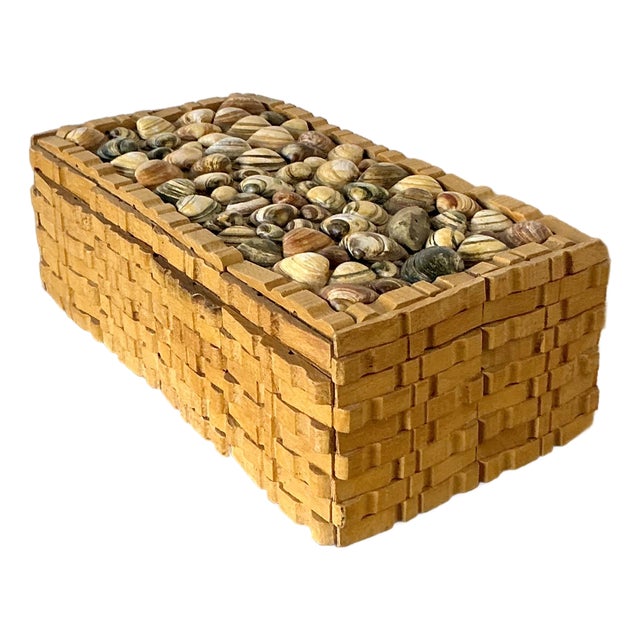 Vintage Boho Shell Encrusted Wood Box For Sale
