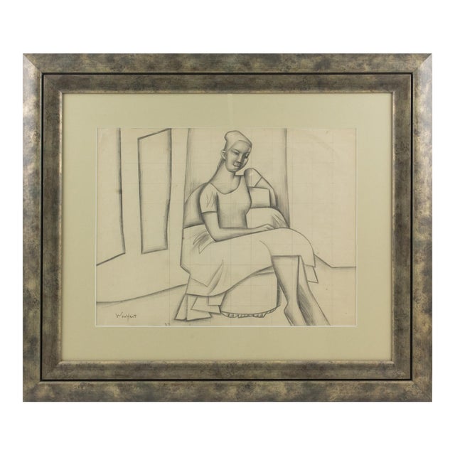 Cubist Woman Study Black Pencil Drawing by Wouyart, Circa 1930 For Sale
