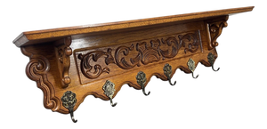 Vintage French Oak 6-Hook Wall Coat Rack
