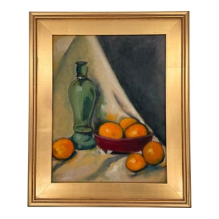 Vintage Oil Painting Still Life of Oranges & Green Glass Bottle Framed - Unsigned For Sale