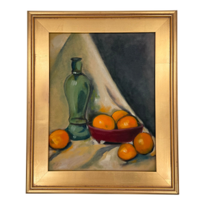 Vintage Oil Painting Still Life of Oranges & Green Glass Bottle Framed - Unsigned