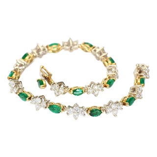18k Yellow & White Gold Tennis Bracelet With Marquise Emeralds With Diamonds For Sale