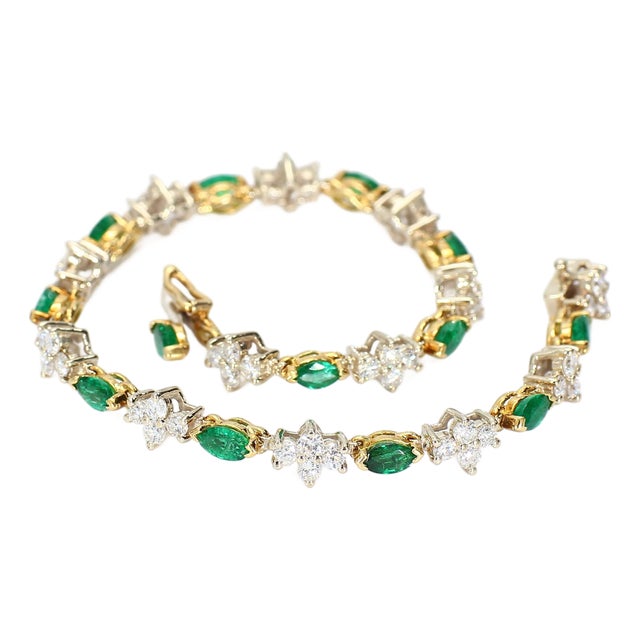 18k Yellow & White Gold Tennis Bracelet With Marquise Emeralds With Diamonds For Sale