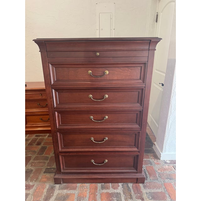 Ethan Allen Ethan Allen Medallion Solid Cherry Louis Philippe-Style Tall Chest With Pull-Out Slide For Sale - Image 4 of 12
