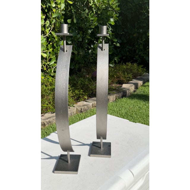 Silver Rick Martin Signed Modernist Welded Steel Candleholders, 2003, Pair For Sale - Image 8 of 12