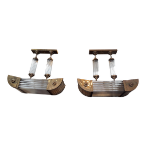 Pair Ship Shape Skyscraper Vintage Art Deco Light Old Lamp Ceiling Hanging Chandelier Fixture Brass & Glass Rod Ship Light