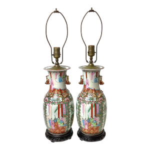 Early 20th Century Large Pair Chinese Export Famille Rose Lamps