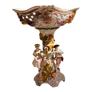 Spectacular Carl Thieme Dresden Porcelain Compote | Early 1900s Reticulated Centerpiece With Figures For Sale