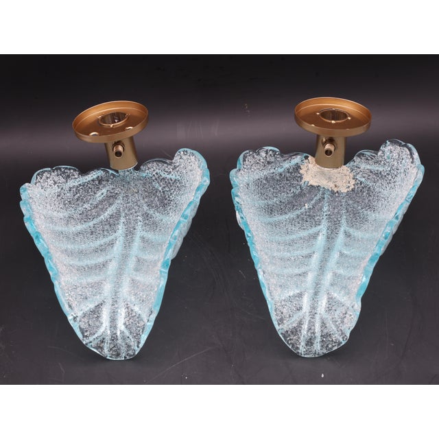 Set of 2 Wall Light Blu Colour Murano Glass Leave by Barovier E Toso, 1950s For Sale - Image 13 of 15