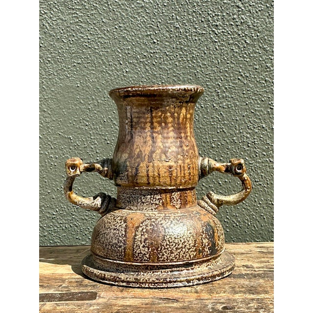 Late 20th Century Vintage Original 2 Handle Studio Pottery Vase For Sale - Image 5 of 12