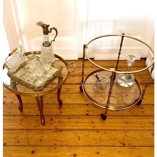 Brass Round Serving Trolley with Smoked Glass Shelves and Removable Tray, 1960s For Sale - Image 4 of 9