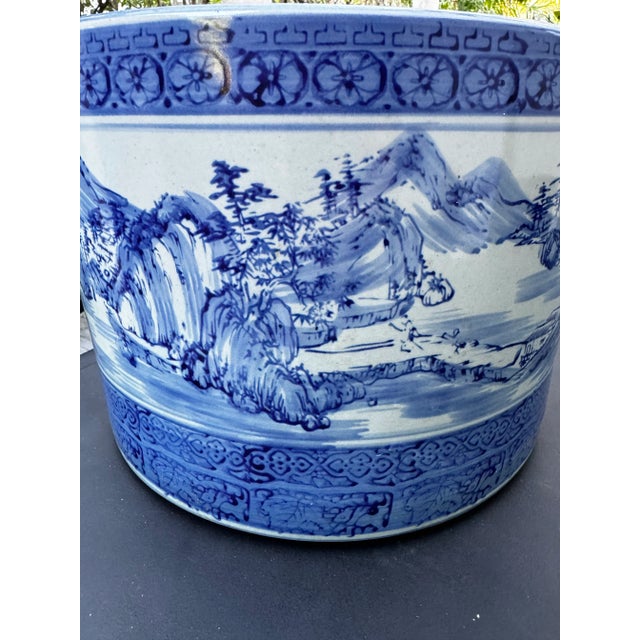Vintage Export Chinoiserie ironstone blue and white hand painted extra-large planter. Asian landscaping motif.