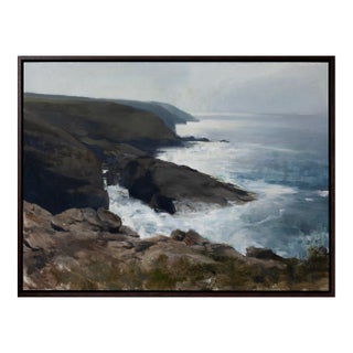 Contemporary A Distant Haze by Jon Doran | Oil on Panel Sea Cliffs Above Breaking Surf For Sale