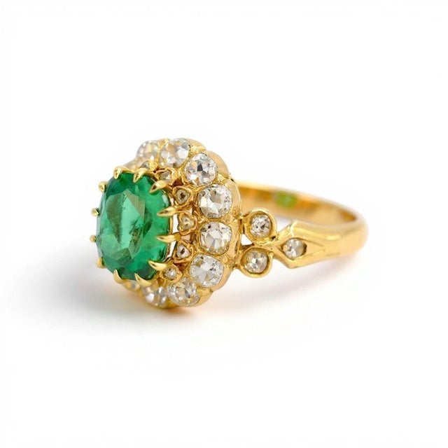 Late 19th Century Antique Natural Emerald & Diamond Double Halo Cocktail Ring — Victorian Era, Size 6.5 For Sale - Image 5 of 8
