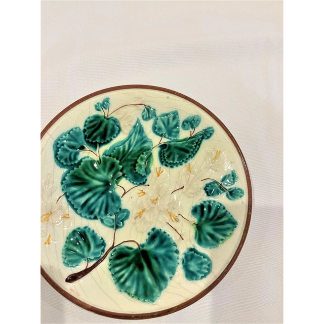 Antique Majolica White with Green Dogwood Leaves and Brown Rim 9"D 19th c