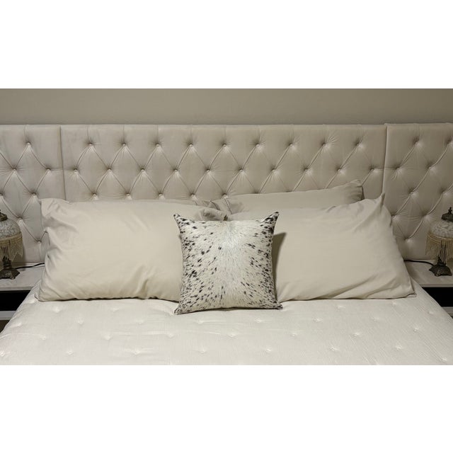 Premium Brazilian Watusi Cowhide Pillow Cover 16x16 – Speckled Ivory Spine – Handcrafted by Pablo Sota Designs For Sale - Image 11 of 11