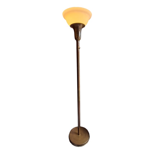 Art Deco German Floor Lamp with Brass Base and White Glass Shade, 1920s For Sale