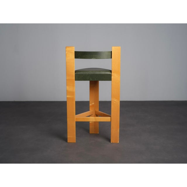 Architectural Wood and Leather Bar Stools, Netherlands, 1990s, Set of 3 For Sale - Image 6 of 11