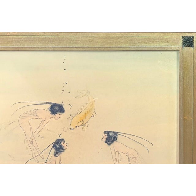 Early Framed Illustration - Stylized Fairy Figures Swimming With a Koi Fish, Signed For Sale In New York - Image 6 of 9